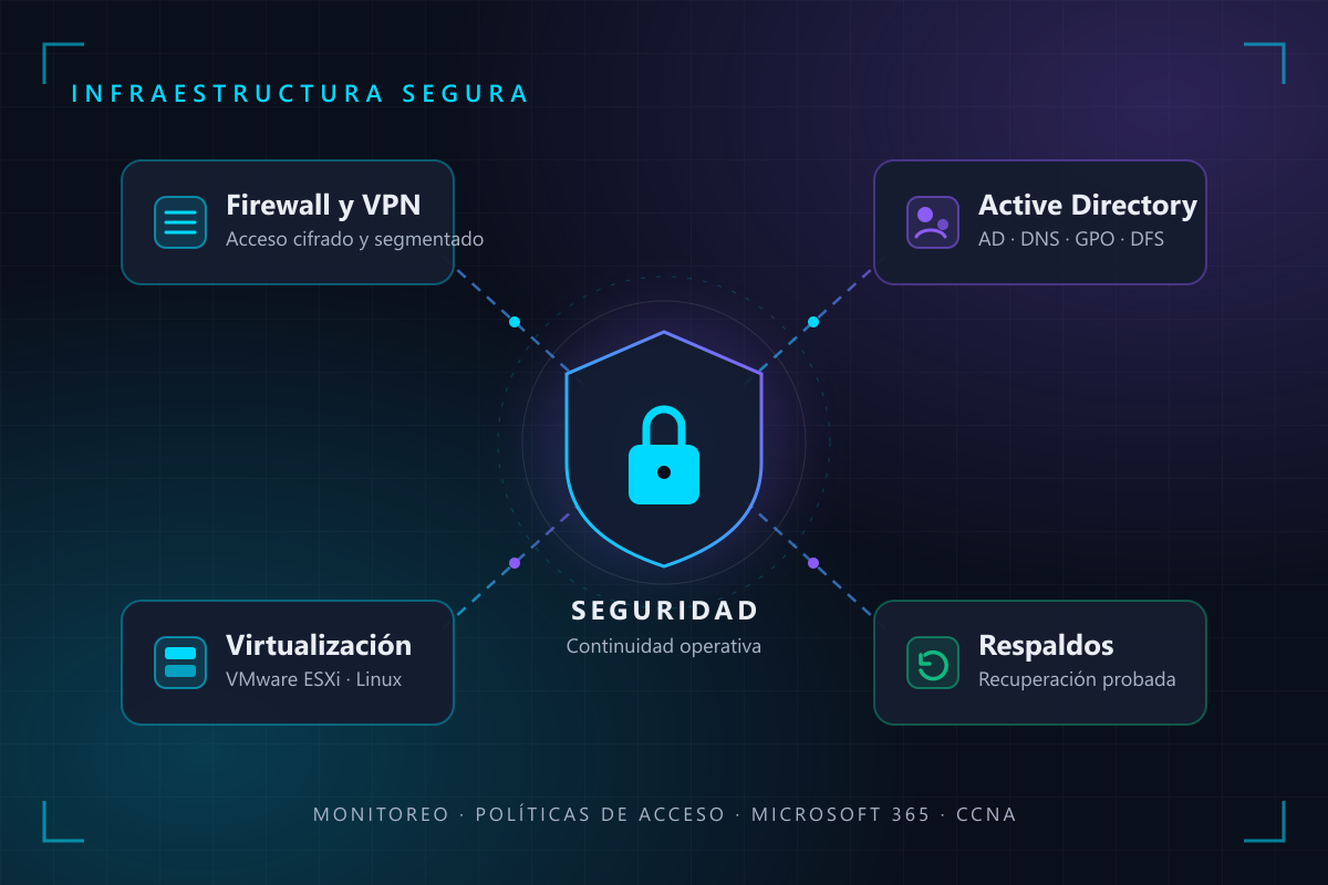Diagrama de infraestructura segura: firewall y VPN, Active Directory, virtualización y respaldos alrededor de un núcleo de seguridad